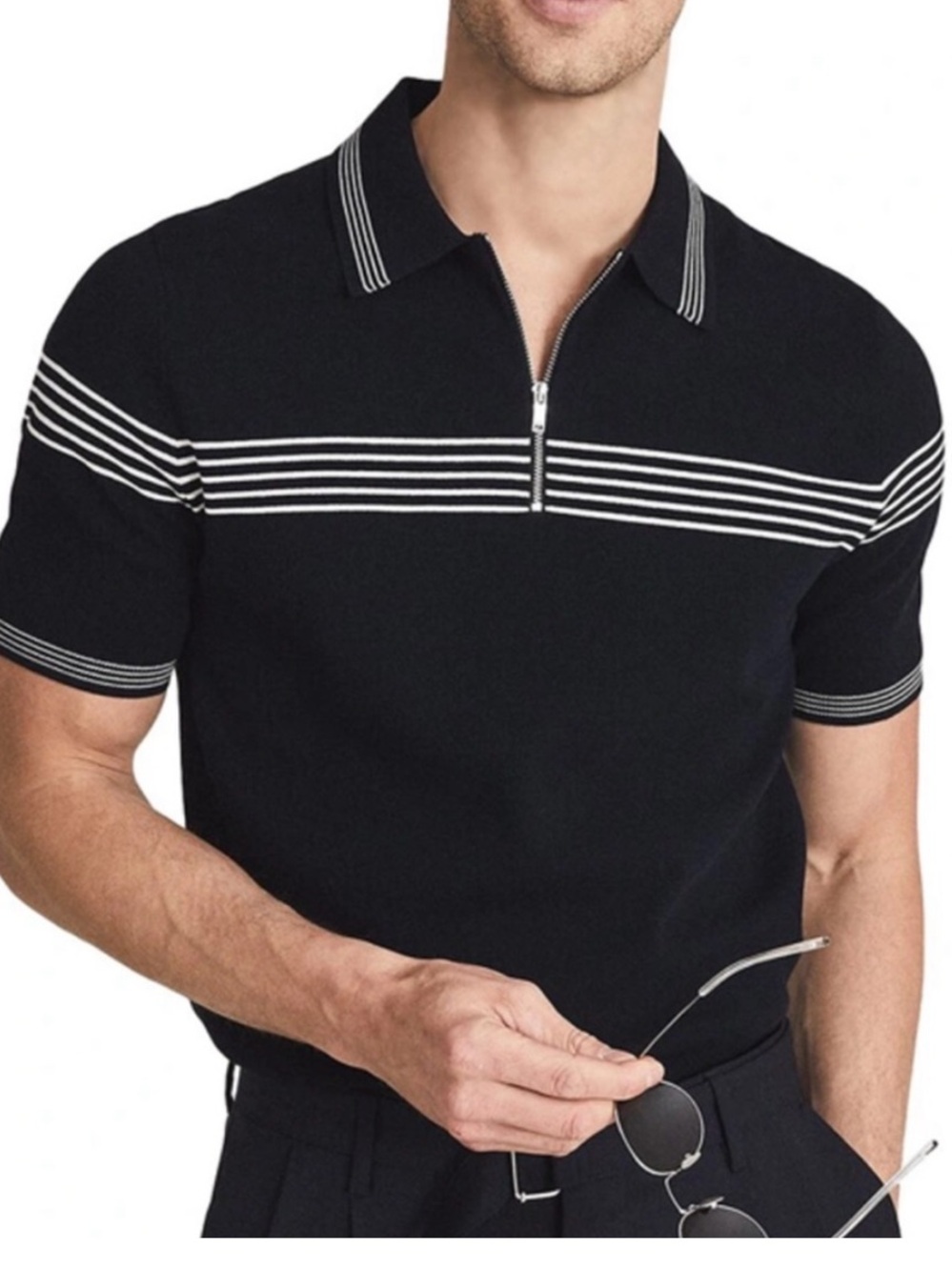 REISS Claude Tipped Men Black Zip Neck Polo T Shirt Size M